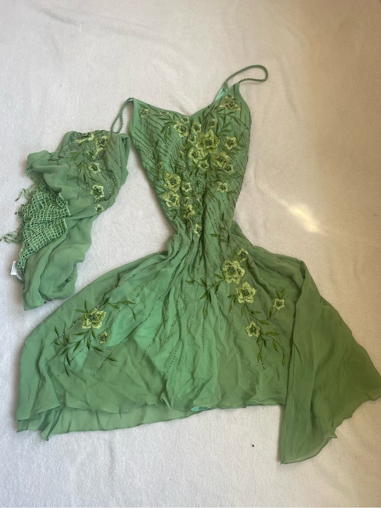 Sue Wong Dresses & Skirts - Rare VTG 100% Silk Sue Wong Fairy floral beaded Lime Green Dress w/ Silk Scarf